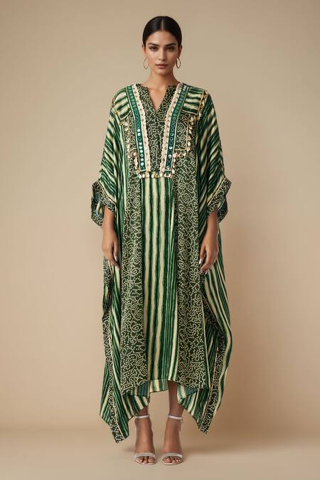 Gulabo By Abu Sandeep_Green Modal Satin Printed Bandhani Notched Asymmetric Kaftan _Online_at_Aza_Fashions