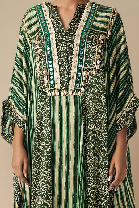 Buy_Gulabo By Abu Sandeep_Green Modal Satin Printed Bandhani Notched Asymmetric Kaftan _Online_at_Aza_Fashions
