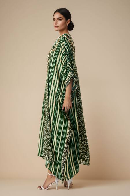 Shop_Gulabo By Abu Sandeep_Green Modal Satin Printed Bandhani Notched Asymmetric Kaftan _Online_at_Aza_Fashions