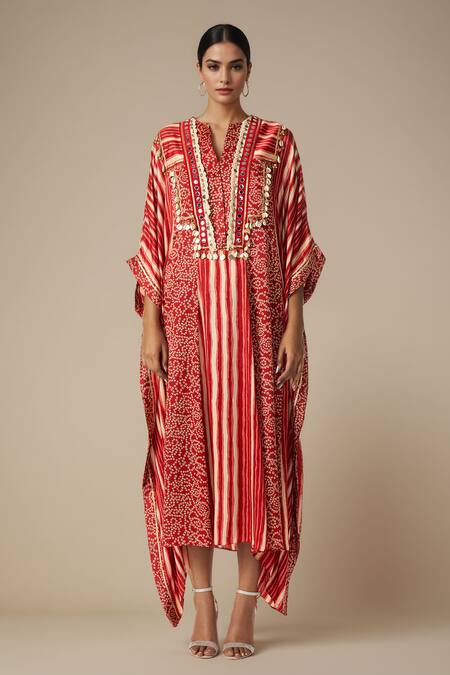 Buy_Gulabo By Abu Sandeep_Red Modal Satin Printed Bandhani Notched Leheriya Asymmetric Kaftan _Online_at_Aza_Fashions