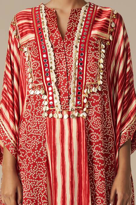 Shop_Gulabo By Abu Sandeep_Red Modal Satin Printed Bandhani Notched Leheriya Asymmetric Kaftan _Online_at_Aza_Fashions