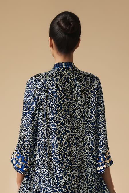 Gulabo By Abu Sandeep Blue Modal Satin Printed Bandhani Collared Asymmetric Kurta Online at Aza Fashions Gulabo By Abu Sandeep_Blue Modal Satin Printed Bandhani Collared Asymmetric Kurta _Online_at_Aza_Fashions