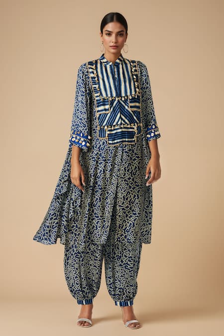 Buy Gulabo By Abu Sandeep Blue Modal Satin Printed Bandhani Collared Asymmetric Kurta Online at Aza Fashions Buy_Gulabo By Abu Sandeep_Blue Modal Satin Printed Bandhani Collared Asymmetric Kurta _Online_at_Aza_Fashions