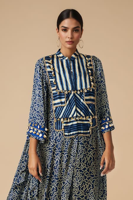 Shop Gulabo By Abu Sandeep Blue Modal Satin Printed Bandhani Collared Asymmetric Kurta Online at Aza Fashions Shop_Gulabo By Abu Sandeep_Blue Modal Satin Printed Bandhani Collared Asymmetric Kurta _Online_at_Aza_Fashions