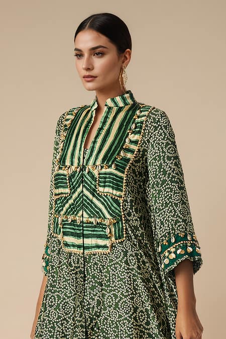 Gulabo By Abu Sandeep_Green Modal Satin Printed Bandhani Collared Asymmetric Kurta _Online_at_Aza_Fashions