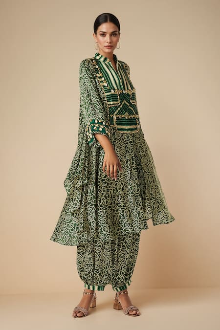 Buy_Gulabo By Abu Sandeep_Green Modal Satin Printed Bandhani Collared Asymmetric Kurta _Online_at_Aza_Fashions