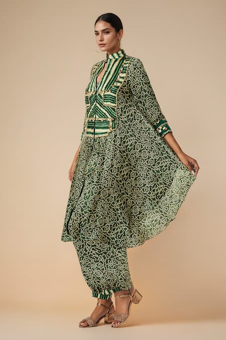 Shop_Gulabo By Abu Sandeep_Green Modal Satin Printed Bandhani Collared Asymmetric Kurta _Online_at_Aza_Fashions