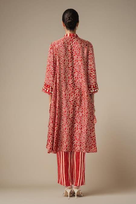 Shop Gulabo By Abu Sandeep Red Modal Satin Printed Bandhani Collared Embellished Yoke Asymmetric Kurta at Aza Fashions Shop_Gulabo By Abu Sandeep_Red Modal Satin Printed Bandhani Collared Embellished Yoke Asymmetric Kurta _at_Aza_Fashions