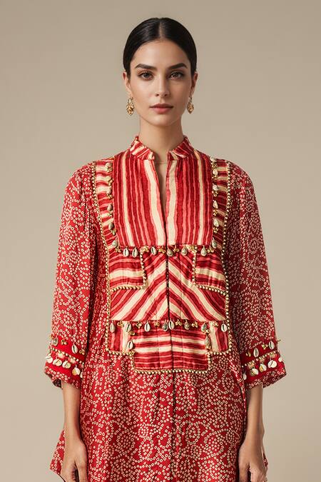 Gulabo By Abu Sandeep Red Modal Satin Printed Bandhani Collared Embellished Yoke Asymmetric Kurta Online at Aza Fashions Gulabo By Abu Sandeep_Red Modal Satin Printed Bandhani Collared Embellished Yoke Asymmetric Kurta _Online_at_Aza_Fashions