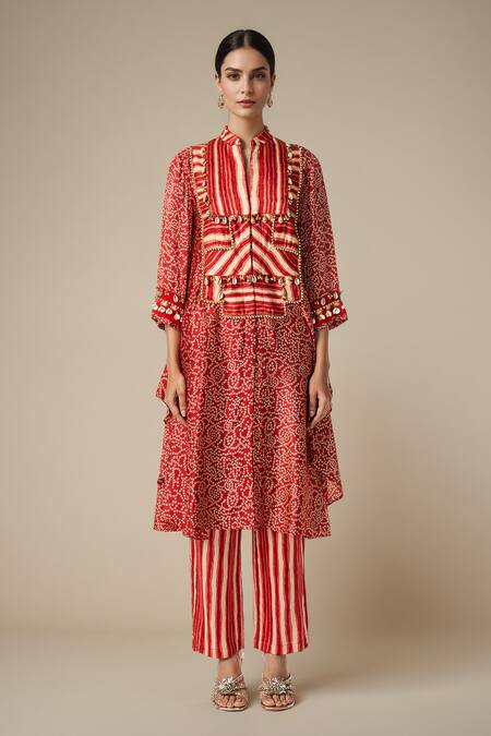 Buy Gulabo By Abu Sandeep Red Modal Satin Printed Bandhani Collared Embellished Yoke Asymmetric Kurta Online at Aza Fashions Buy_Gulabo By Abu Sandeep_Red Modal Satin Printed Bandhani Collared Embellished Yoke Asymmetric Kurta _Online_at_Aza_Fashions