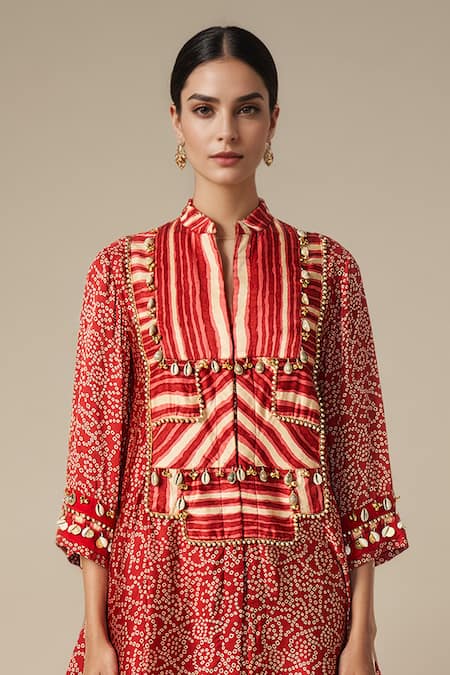 Shop Gulabo By Abu Sandeep Red Modal Satin Printed Bandhani Collared Embellished Yoke Asymmetric Kurta Online at Aza Fashions Shop_Gulabo By Abu Sandeep_Red Modal Satin Printed Bandhani Collared Embellished Yoke Asymmetric Kurta _Online_at_Aza_Fashions