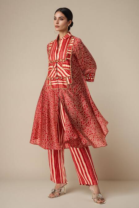 Gulabo By Abu Sandeep Red Modal Satin Printed Bandhani Collared Embellished Yoke Asymmetric Kurta at Aza Fashions Gulabo By Abu Sandeep_Red Modal Satin Printed Bandhani Collared Embellished Yoke Asymmetric Kurta _at_Aza_Fashions