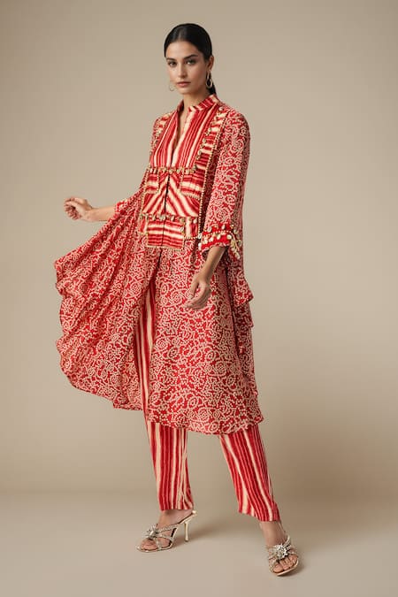 Buy Gulabo By Abu Sandeep Red Modal Satin Printed Bandhani Collared Embellished Yoke Asymmetric Kurta Buy_Gulabo By Abu Sandeep_Red Modal Satin Printed Bandhani Collared Embellished Yoke Asymmetric Kurta