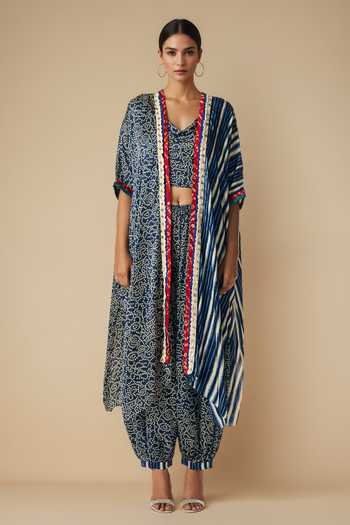 Gulabo By Abu Sandeep_Blue Bandhani Print Overlay Cape _Online_at_Aza_Fashions