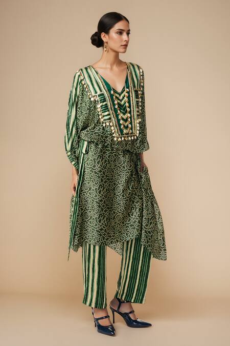 Buy_Gulabo By Abu Sandeep_Green Modal Satin Printed Leheriya Straight Pant_Online_at_Aza_Fashions
