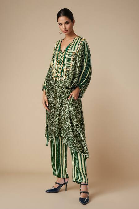 Shop_Gulabo By Abu Sandeep_Green Modal Satin Printed Leheriya Straight Pant_Online_at_Aza_Fashions