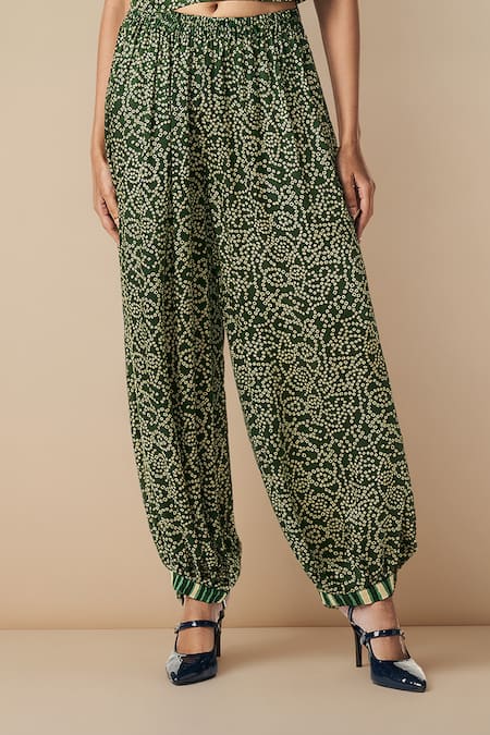 Gulabo By Abu Sandeep_Green Modal Satin Printed Bandhani Pattern Afghani Salwar _Online_at_Aza_Fashions