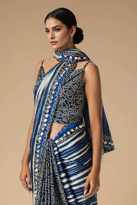 Gulabo By Abu Sandeep_Blue Modal, Satin Embroidery Bandhani Print Saree _Online_at_Aza_Fashions