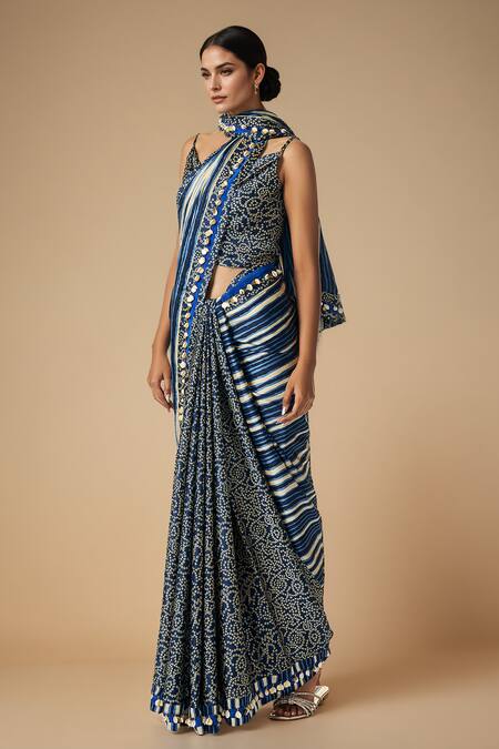 Buy_Gulabo By Abu Sandeep_Blue Modal, Satin Embroidery Bandhani Print Saree _Online_at_Aza_Fashions
