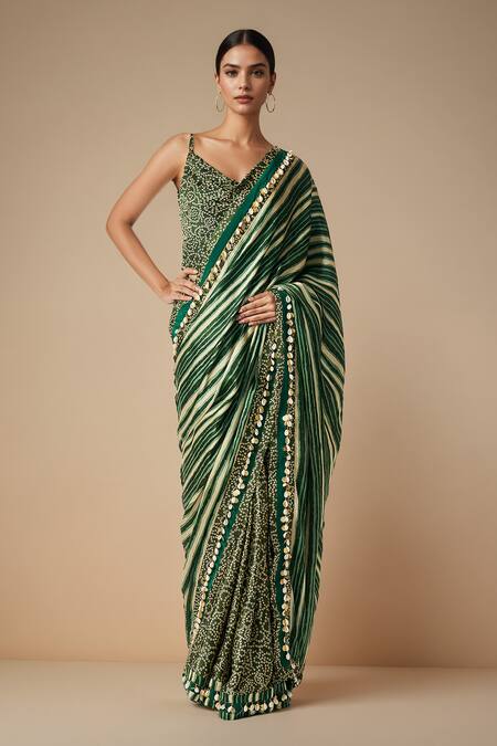 Gulabo By Abu Sandeep_Green Modal Satin Printed Bandhani Leheriya Saree _Online_at_Aza_Fashions