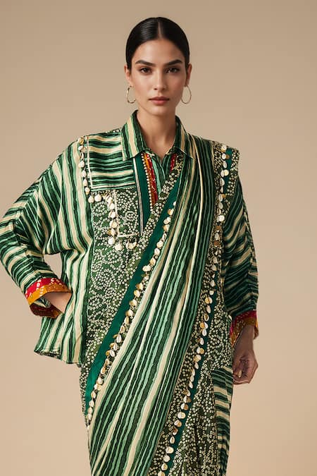 Buy_Gulabo By Abu Sandeep_Green Modal Satin Printed Bandhani Leheriya Saree _Online_at_Aza_Fashions