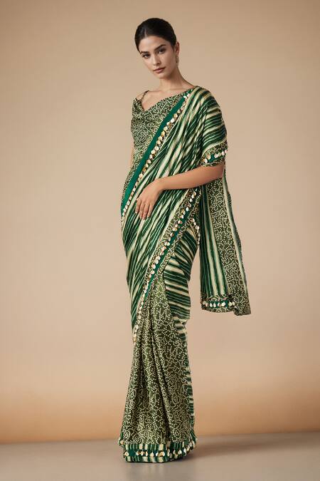 Shop_Gulabo By Abu Sandeep_Green Modal Satin Printed Bandhani Leheriya Saree _Online_at_Aza_Fashions