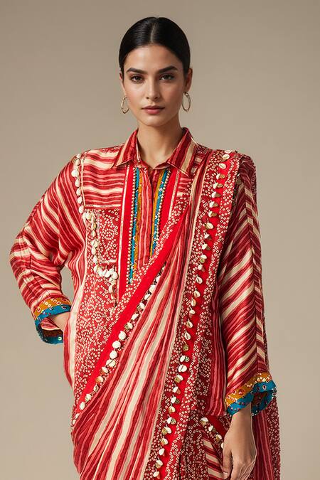 Gulabo By Abu Sandeep Red Modal Satin Printed Bandhani Embellished Hem Saree Online at Aza Fashions Gulabo By Abu Sandeep_Red Modal Satin Printed Bandhani Embellished Hem Saree _Online_at_Aza_Fashions