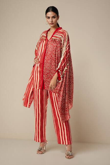 Shop_Gulabo By Abu Sandeep_Red Modal Satin Printed Bandhani Collared Asymmetric Shirt _Online_at_Aza_Fashions