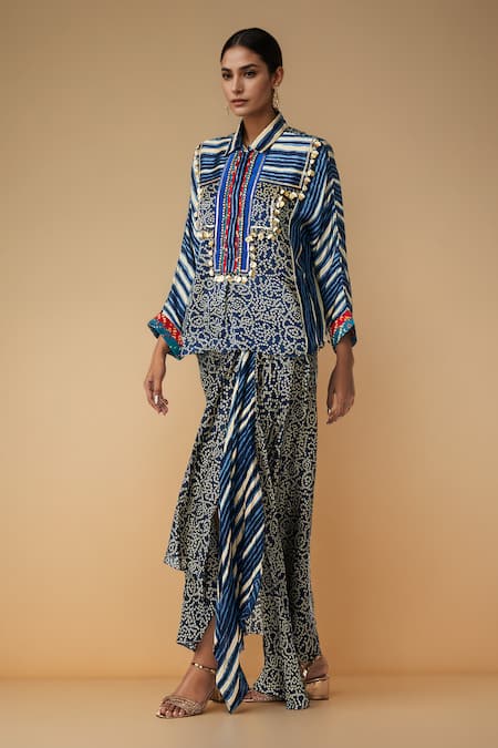 Gulabo By Abu Sandeep_Blue Modal Satin Printed Bandhani Collared Shirt _Online_at_Aza_Fashions