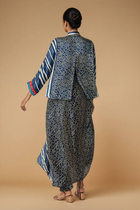 Buy_Gulabo By Abu Sandeep_Blue Modal Satin Printed Bandhani Collared Shirt _Online_at_Aza_Fashions