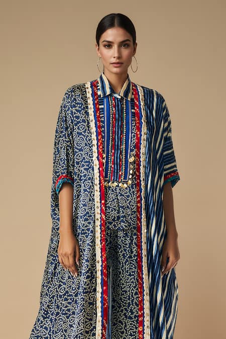 Shop_Gulabo By Abu Sandeep_Blue Modal Satin Printed Bandhani Collared Shirt _Online_at_Aza_Fashions