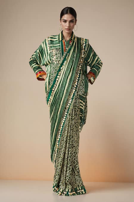 Gulabo By Abu Sandeep_Green Modal Satin Printed Bandhani Collared Embellished Yoke Shirt _Online_at_Aza_Fashions