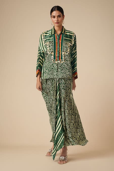 Buy_Gulabo By Abu Sandeep_Green Modal Satin Printed Bandhani Collared Embellished Yoke Shirt _Online_at_Aza_Fashions