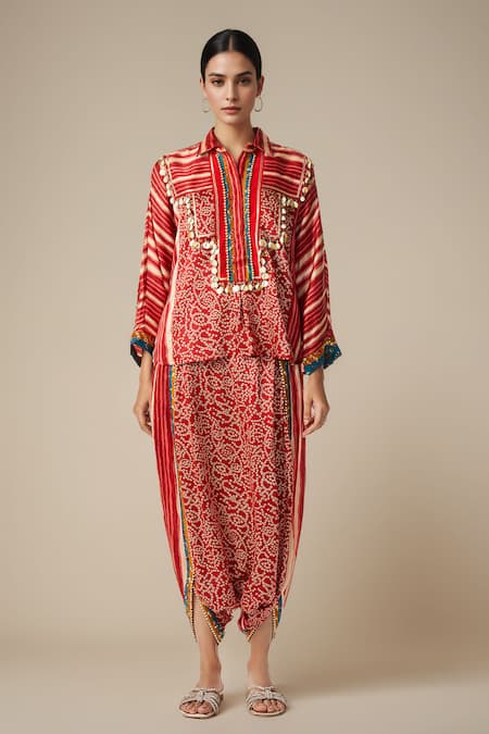 Gulabo By Abu Sandeep_Red Modal Satin Printed Bandhani Collared Back Slit Shirt _Online_at_Aza_Fashions