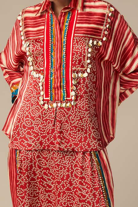 Buy_Gulabo By Abu Sandeep_Red Modal Satin Printed Bandhani Collared Back Slit Shirt _Online_at_Aza_Fashions