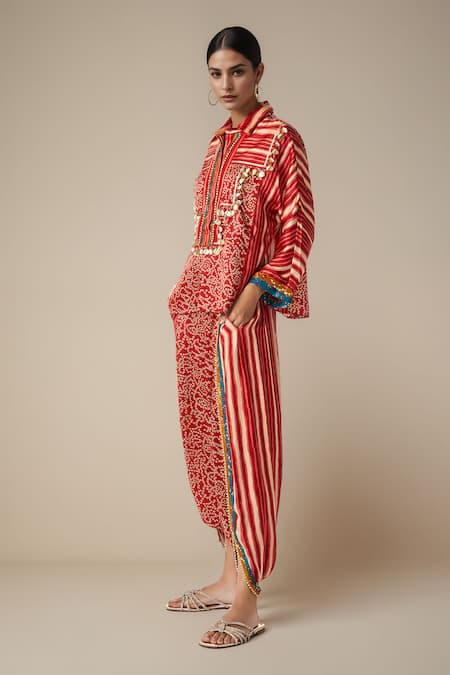 Shop_Gulabo By Abu Sandeep_Red Modal Satin Printed Bandhani Collared Back Slit Shirt _Online_at_Aza_Fashions