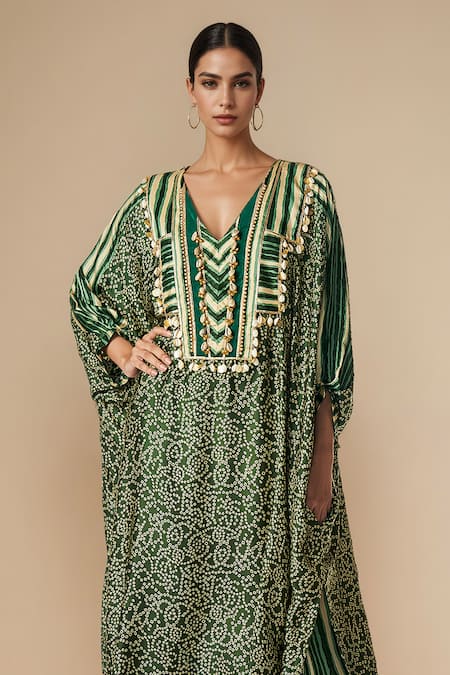 Gulabo By Abu Sandeep_Green Modal, Satin Embroidery Bandhani Print Shell Embellished Kaftan Tunic _Online_at_Aza_Fashions