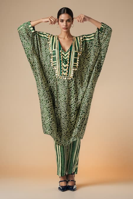 Buy_Gulabo By Abu Sandeep_Green Modal, Satin Embroidery Bandhani Print Shell Embellished Kaftan Tunic _Online_at_Aza_Fashions