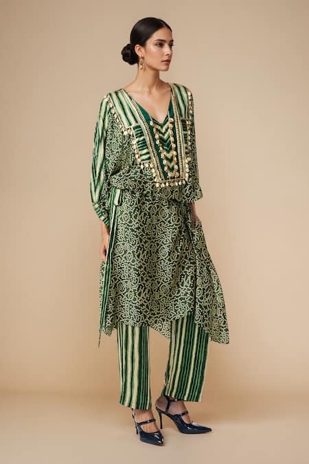 Shop_Gulabo By Abu Sandeep_Green Modal, Satin Embroidery Bandhani Print Shell Embellished Kaftan Tunic _Online_at_Aza_Fashions