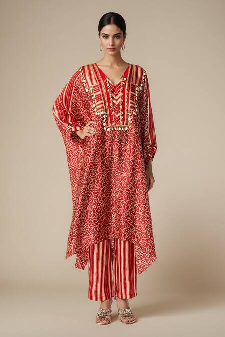 Gulabo By Abu Sandeep_Red Modal Satin Print Bandhej V Neck Shell Embellished Kaftan Tunic _Online_at_Aza_Fashions