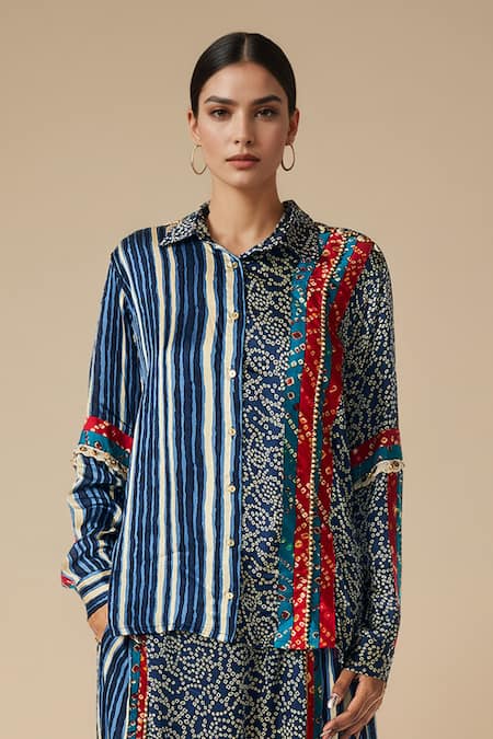 Gulabo By Abu Sandeep_Blue Modal, Satin Embroidery Bandhani Print And Embellished Shirt With Harem Pant _Online_at_Aza_Fashions