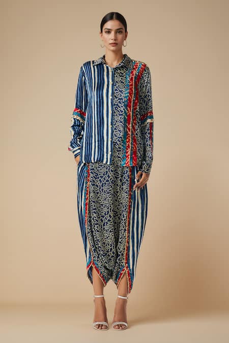 Buy_Gulabo By Abu Sandeep_Blue Modal, Satin Embroidery Bandhani Print And Embellished Shirt With Harem Pant _Online_at_Aza_Fashions