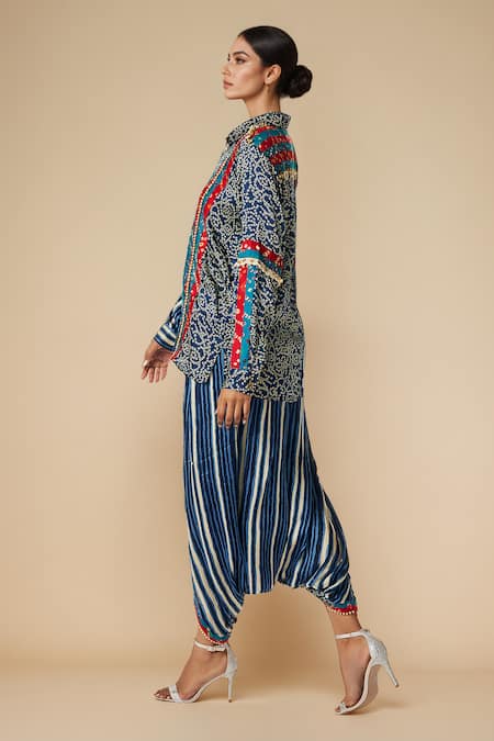 Shop_Gulabo By Abu Sandeep_Blue Modal, Satin Embroidery Bandhani Print And Embellished Shirt With Harem Pant _Online_at_Aza_Fashions