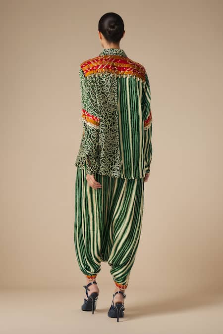 Gulabo By Abu Sandeep_Green Modal, Satin Embroidery, Bandhej Print And Embellished Shirt With Harem Pant _Online_at_Aza_Fashions