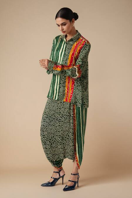 Shop_Gulabo By Abu Sandeep_Green Modal, Satin Embroidery, Bandhej Print And Embellished Shirt With Harem Pant _Online_at_Aza_Fashions