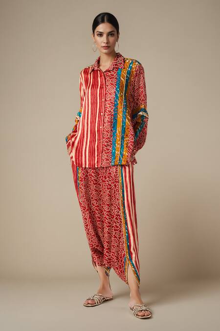Gulabo By Abu Sandeep_Red Modal, Satin Bandhej Print And Ghungroo Embellished Shirt With Harem Pant _Online_at_Aza_Fashions