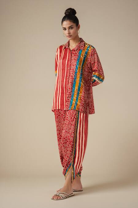 Buy_Gulabo By Abu Sandeep_Red Modal, Satin Bandhej Print And Ghungroo Embellished Shirt With Harem Pant _Online_at_Aza_Fashions