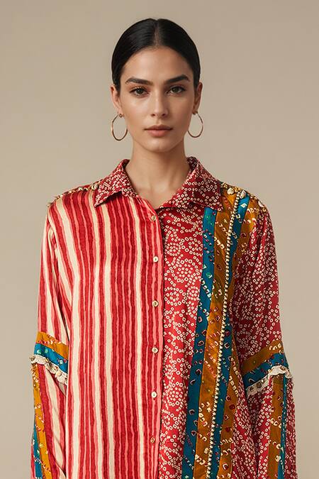 Shop_Gulabo By Abu Sandeep_Red Modal, Satin Bandhej Print And Ghungroo Embellished Shirt With Harem Pant _Online_at_Aza_Fashions