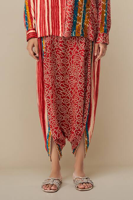 Gulabo By Abu Sandeep_Red Modal, Satin Bandhej Print And Ghungroo Embellished Shirt With Harem Pant _at_Aza_Fashions