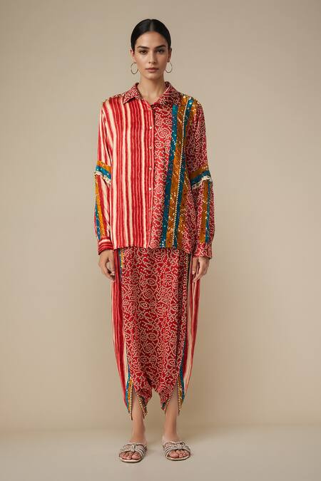 Buy_Gulabo By Abu Sandeep_Red Modal, Satin Bandhej Print And Ghungroo Embellished Shirt With Harem Pant 